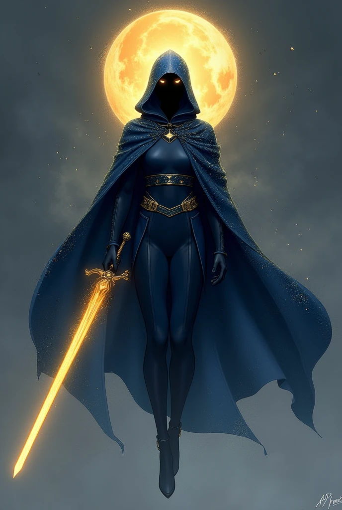 Create a 2D drawing of a superhero named Sirius. Sirius wears a floating cloak that appears to be made of star mist.. The attire beneath the cloak is simple, dark blue color, with details reminiscent of stars and nebulae. A deep hood, part of the mantle, that hides Sirius&#39; face in the darkness. only the eyes are visible, shining like distant stars.Sirius wields a single longsword, that emits an intense golden light.