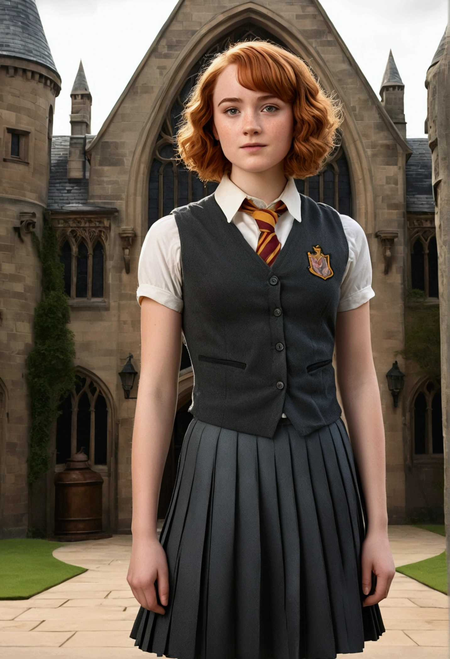 An illustrated movie poster, hand-drawn, full color, a Hogwarts student, wearing a charcoal vest and a pleated skirt, tall, toned, amazonian stature, athletic hourglass figure, auburn hair, curly bob cut, flushed sun-kissed complexion, freckles, standing in a Hogwarts Courtyard, graphite shading, stencil marks, airbrushed acrylic paint, masterpiece, in the Deathly Hallows 