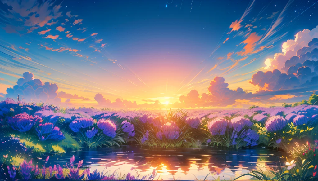 The purple flowers stretch all the way to the horizon, creating a rippling ocean of color and fragrance. The sky turned dark blue and stars began to twinkle. A gentle breeze blew slowly, carrying the sweet scent of lavender and the sound of crickets chirping in the distance.