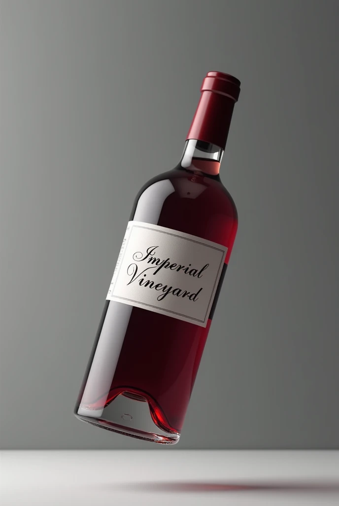 create a realistic and detailed image of a wine bottle with the written label "imperial vineyard" the bottle floating on a gray background