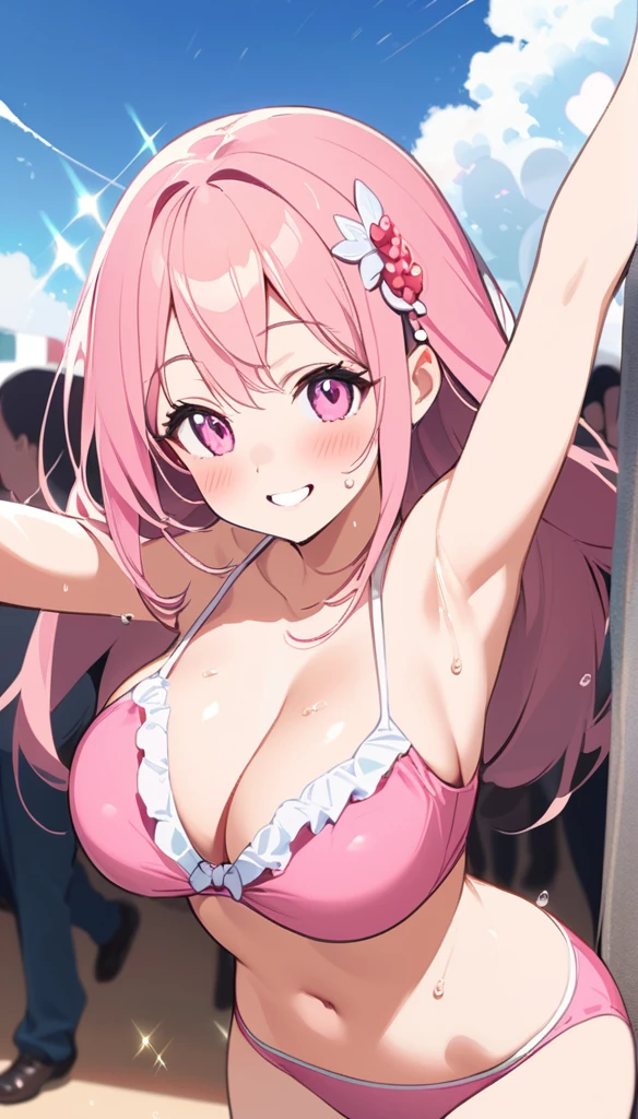 (Anime style illustrations, Lofi Art Style, Anime illustration(flying debris), (Highest quality), Very detailed, ((1 person)), Focus Only,dynamic,((smile)),Perfect Face, Beautiful Face, Very detailedな顔,(Pink long hair_Pink Eyes:1.3),Swimwear,Idle only,Gorgeous hair ornament,smile,Large Breasts,Sandy Beach,Underarm、Sweat、look up,smile,alone, 1 personの, blush,People around me々,solo, 1 personの, Large Breasts, Sparkle Effect,