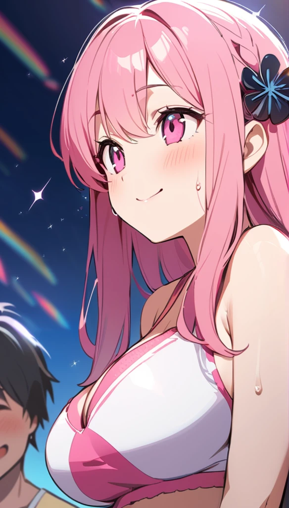 (Anime style illustrations, Lofi Art Style, Anime illustration(flying debris), (Highest quality), Very detailed, ((1 person)), Focus Only,dynamic,((smile)),Perfect Face, Beautiful Face, Very detailedな顔,(Pink long hair_Pink Eyes:1.3),Swimwear,Idle only,Gorgeous hair ornament,smile,Large Breasts,Sandy Beach,Underarm、Sweat、look up,smile,alone, 1 personの, blush,People around me々,solo, 1 personの, Large Breasts, Sparkle Effect,