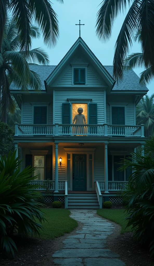 A wide view of the old Otto house in Key West, with the faint, ghostly figure of Robert the doll visible in one of the windows, surrounded by an eerie glow