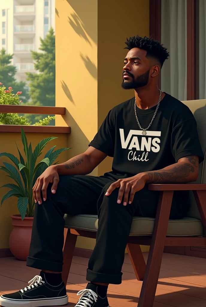 (photorealism:1.2), handsome gentlemen, brown skin, sitting on balcony, wearing black t shirt with a writing says Vans Chill Muno, vans long black pants, low fade will Smith black box hair style and Chris Brown mustard style, outdoors, soft lighting, plants in background, with view of sunlight, ccozy day, relaxed pose, realistic, intricate details, warm colors, by Greg Rutkowski, by Alphonse Mucha