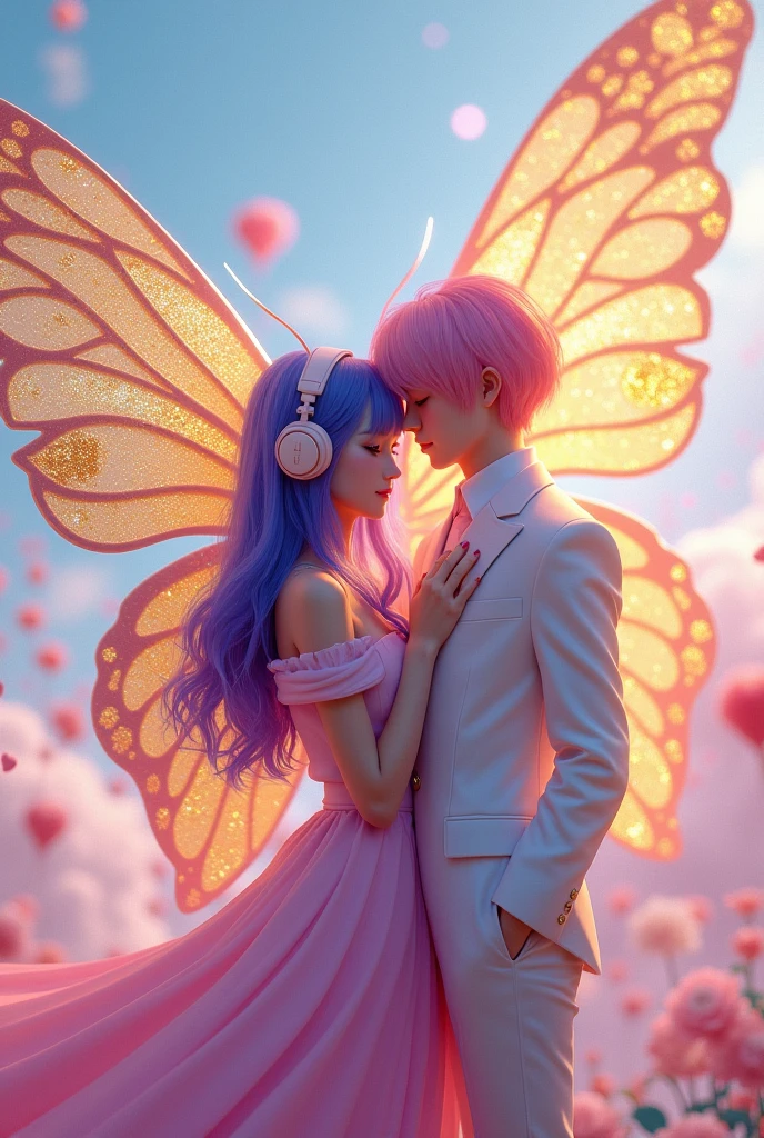 Korean purple hair butterfly woman with headphone and pink dress with gold and glitter wings and pink hair man in formal wear also cute realistic clip friendship 