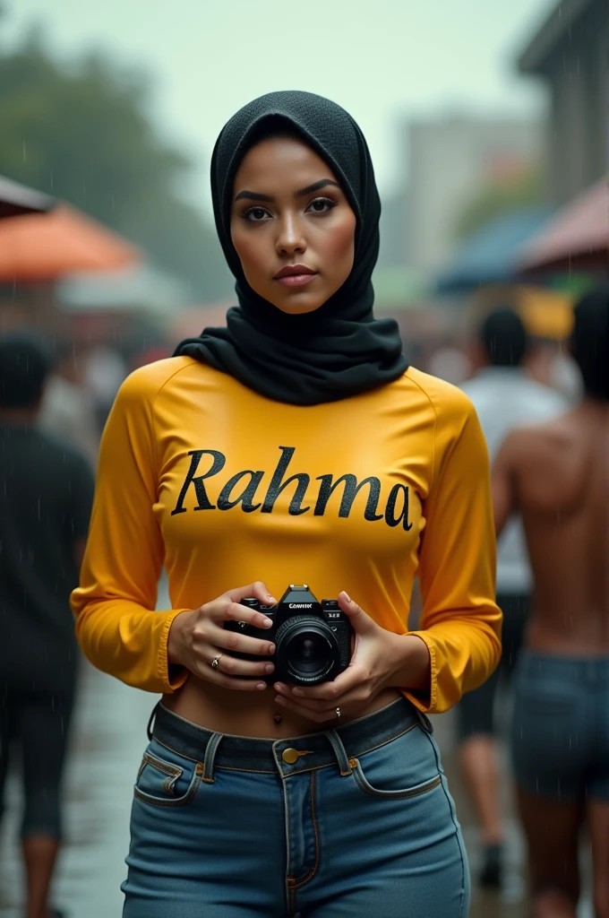 genitals, UHD, JAVANESIAN woman, dark hijab, pale skin, , cute face, curvy body, wide hips, tight breast, city, crowds, holding camera, Noon, rainy, wet, sweaty, wearing yellow long arm tight shirt with "RAHMA" letter, tight jeans, facing camera