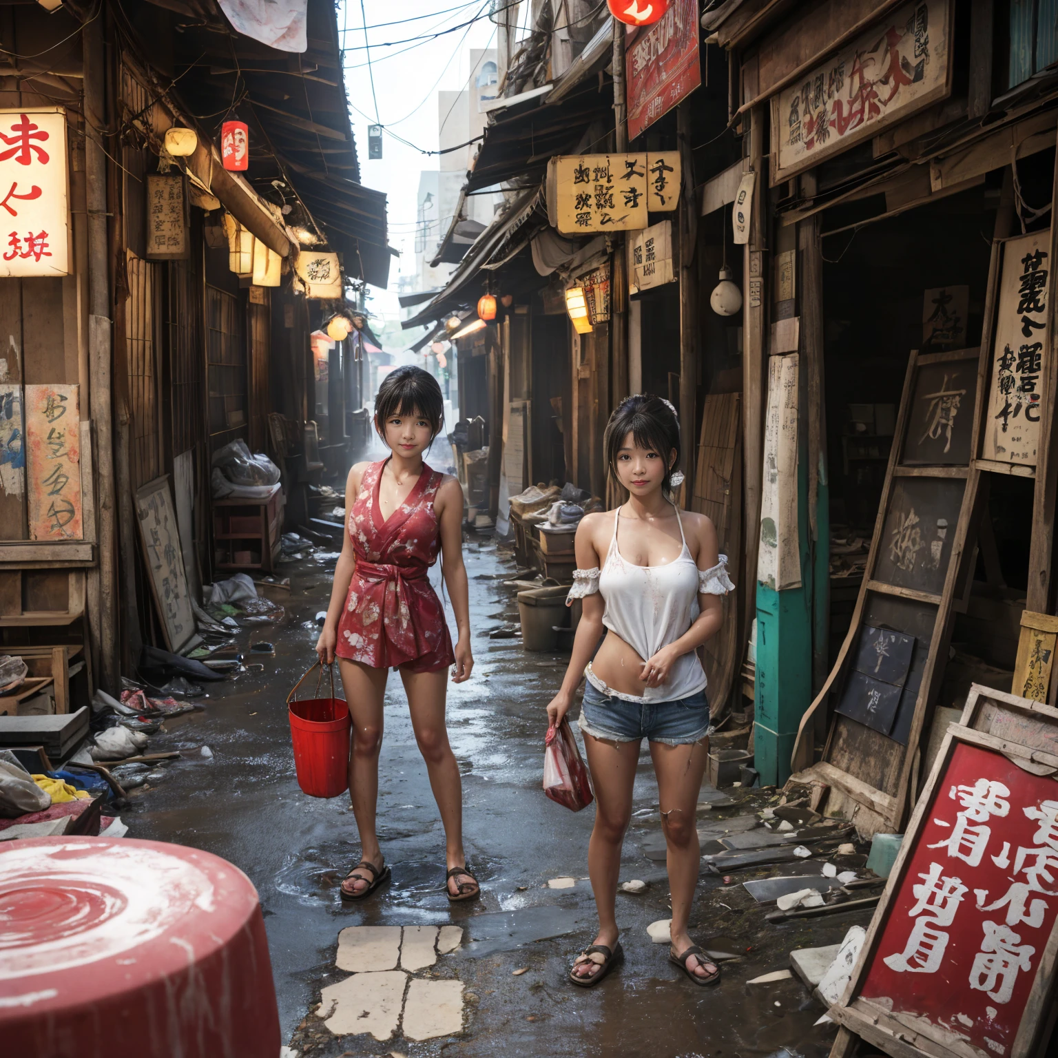((masterpiece、Highest quality))、Beautiful girls gather.、Three girls in summer clothes、(Showa Retro:1.2)、(Detailed and cute face:1.3)、(Poor conditions、Japan's poor neighborhoods、Dim and unsanitary、Standing Bar、みんなで楽しくdiet、Crumbling underground shopping mall)、屋台のdiet店、stage、sewage、Dirty shop、street vendors、Unsanitary and abandoned city、smile、diet、Poor person々
