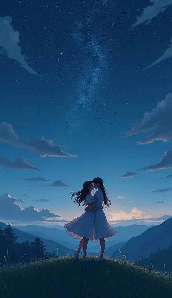 Starry sky, on top of a hill, two women kissing