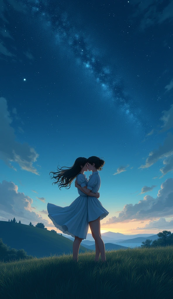 Starry sky, on top of a hill, two women kissing