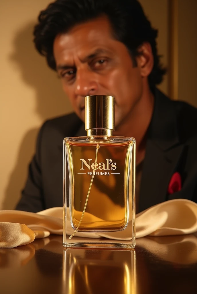 Rectangular perfume bottle with logo Neal's Perfumes and cylindrical golden cap. Shahrukh Khan in background.