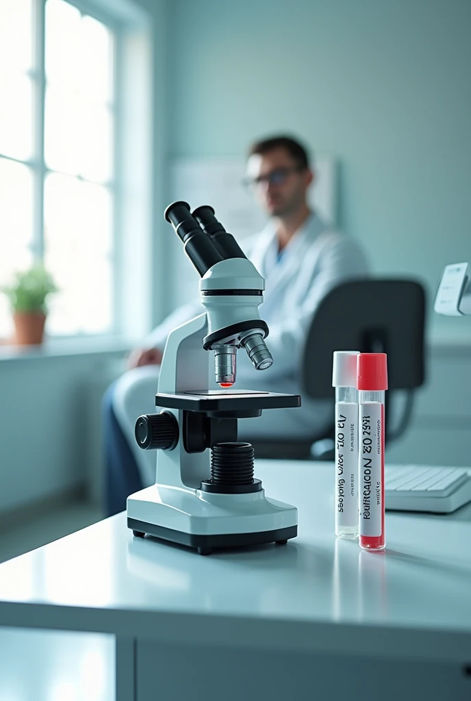 (photorealism:1.2), beautiful microscope, sitting a table, back side enjection pic , on table a blood test tube,a doctor is sit on chair, back side write ( s.g.m. pathology) , mobile number - 7880842005, window with sunlight, Cell caunter machine
