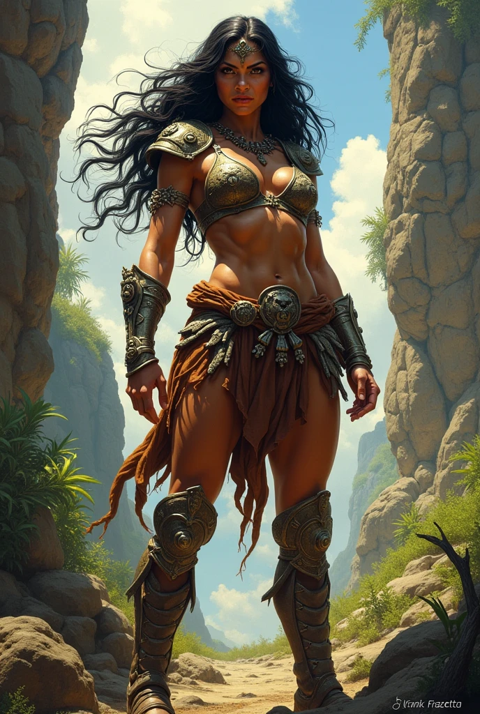 an amazon warrior maiden in the art style of Frank Frazetta