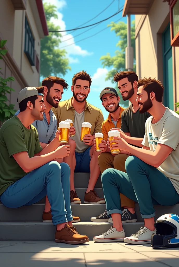 Make me an animated image of 7 male friends sitting on stairs drinking beers in an alley with a motorcycle helmet on the ground where some of them look drunk and some have short beards