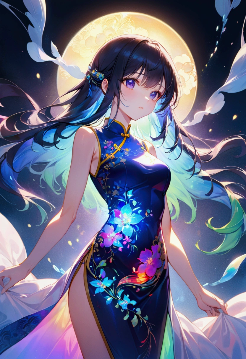 Anime girl with long straight dark iridescent hair,athletic body,cheongsam