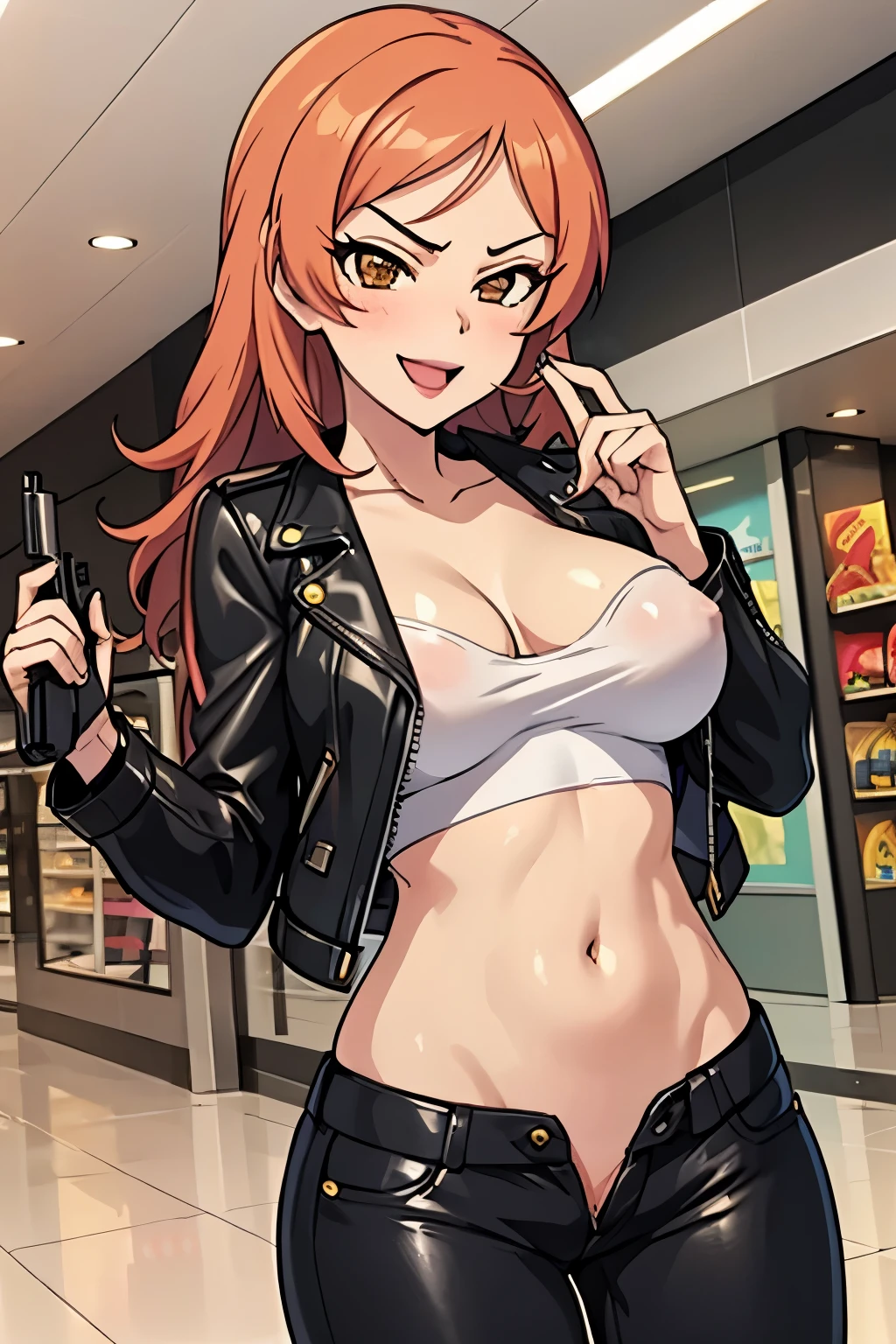 1girl, komatsu ibuki, :d, blush, lipstick, long hair, Hot girl, baddie, staring, glaring, bad attitude, mean girl, crazy, smoking, mall, shopping center,indoors, smile, masterpiece, best quality, highly detailed, a girls with a gun, evil smile , open mouth, sexy gaze, badass
pose , evil smile, smile, (nsfw) not safe for work, guns blazing, anime girl with long hair, beautiful long
haired girl, navel, evil expression, exposed belly, exposed navel, exposed midriff, exposed lower belly,
long black pants, crop top, cleavage, unbuttoned leather pants ,open fly, low rise black leather pants,
leather jacket, holding a gun, holding pistol