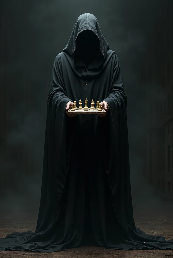 A man in a black cloak holding a chessboard 
