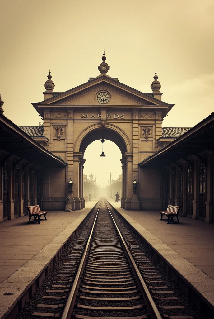 Hello, I want a picture of a train station without people, from the 1920s. that train tracks can be seen, platforms and benches. Front view with 1920x1080 resolution