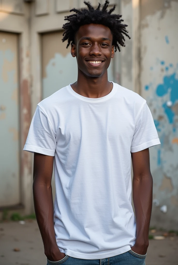 Create a split-image of the same light skinned 21 years old Ethiopian man shown side by side against a messed up wall as a background to illustrate a before and after transformation. In the 'before' image on the left, depict the man as shorter and wearing a plain white T-shirt and jeans. In the 'after' image on the right, show the same man taller, with no change in physique, wearing the same white T-shirt but with casual pants instead. Both images should have the man smiling and looking directly at the camera, with a noticeable difference in height and little difference on presence. The background should be the same for both pictures and minimalist with natural lighting, highlighting the transformation. Make the picture realistic