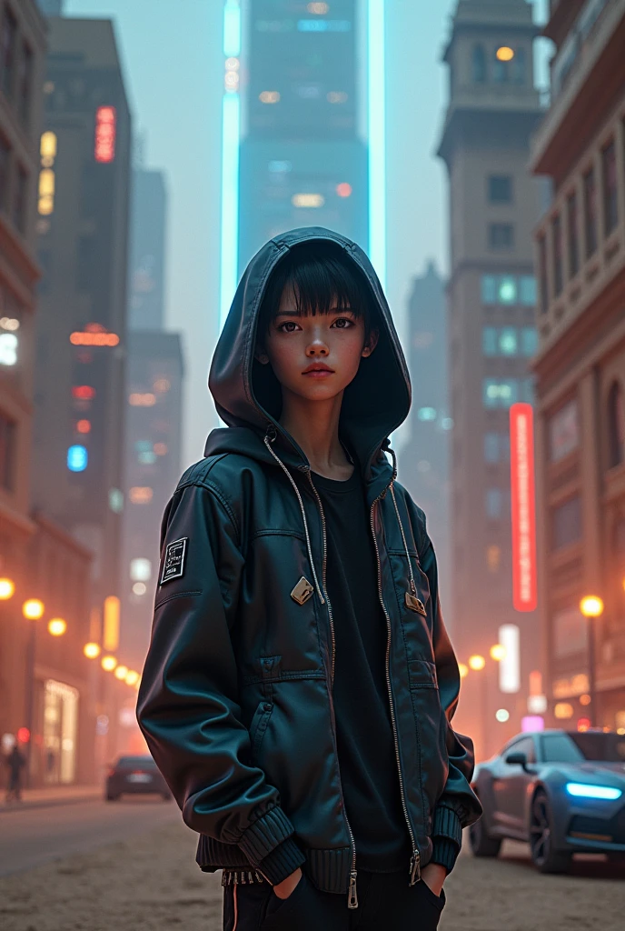 A anime  boy wearing hoodie , 3rd person view , in a cyberpunk egypt 