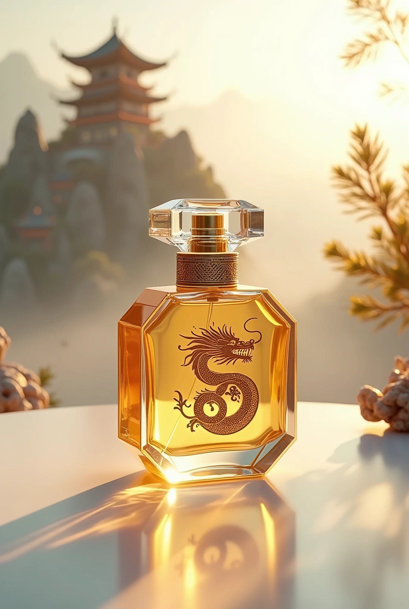 perfume commerical ad , golden perfume with logo of chinese dragon , white background ,3D , cinematic atmosphere , dramatic lighting , on top of mountain , fantasy building , mystery