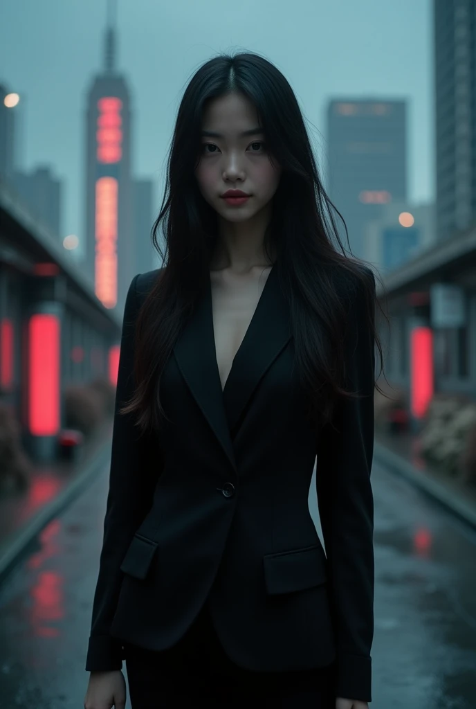A stunning Japanese woman in a sleek black business suit, her long, raven-black hair cascading down her back like a waterfall of night, amidst a dark, dystopian, cyberpunk-inspired backdrop, evoking a sense of foreboding and mystery, with a futuristic cityscape looming in the shadows, neon lights reflecting off the wet pavement, and towering skyscrapers piercing the gloomy sky, all captured in a minimalist photography style that emphasizes clean lines, bold shadows, and an eerie atmosphere, with the subject's porcelain skin and delicate facial features illuminated by a soft, cinematic light, her eyes gleaming with an air of quiet intensity, and a subtle, enigmatic smile playing on her lips.