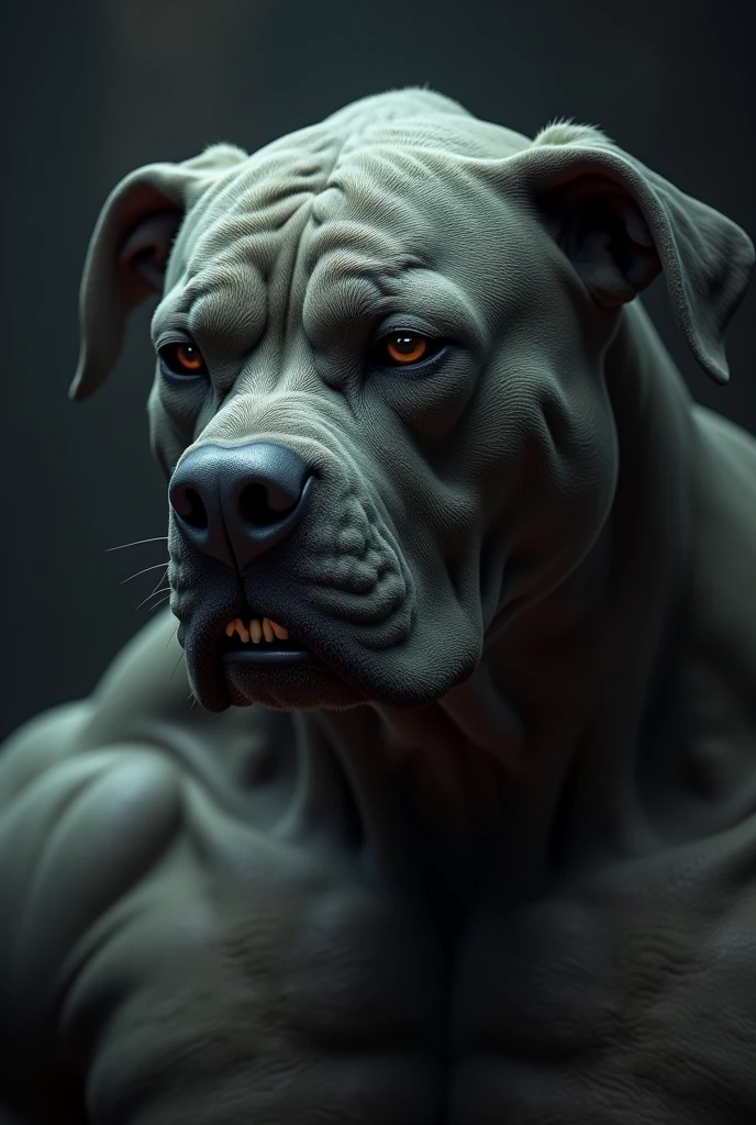 A muscular Pitbullman, dogman, highly detailed portrait, beautiful detailed eyes, beautiful detailed lips, extremely detailed face and features, sharp focus, hyper realistic, 3d render, dramatic lighting, chiaroscuro, cinematic, fantasy, dark, moody, brooding, intense expression