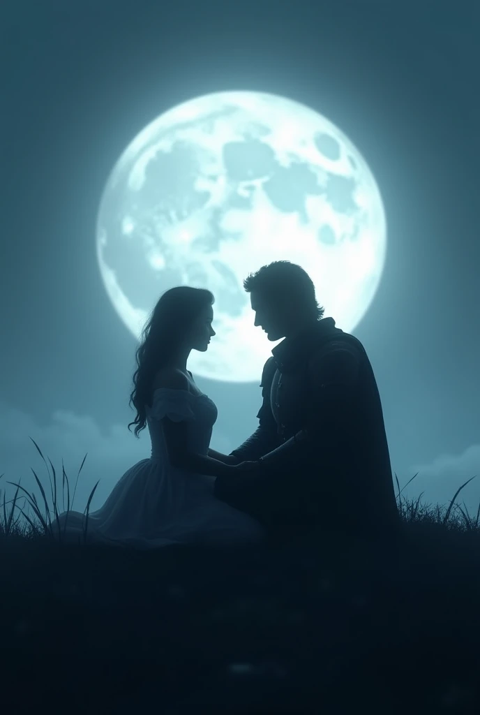 Dame and knight together on a moon night. Sitting. Face blurred due to moonlight
