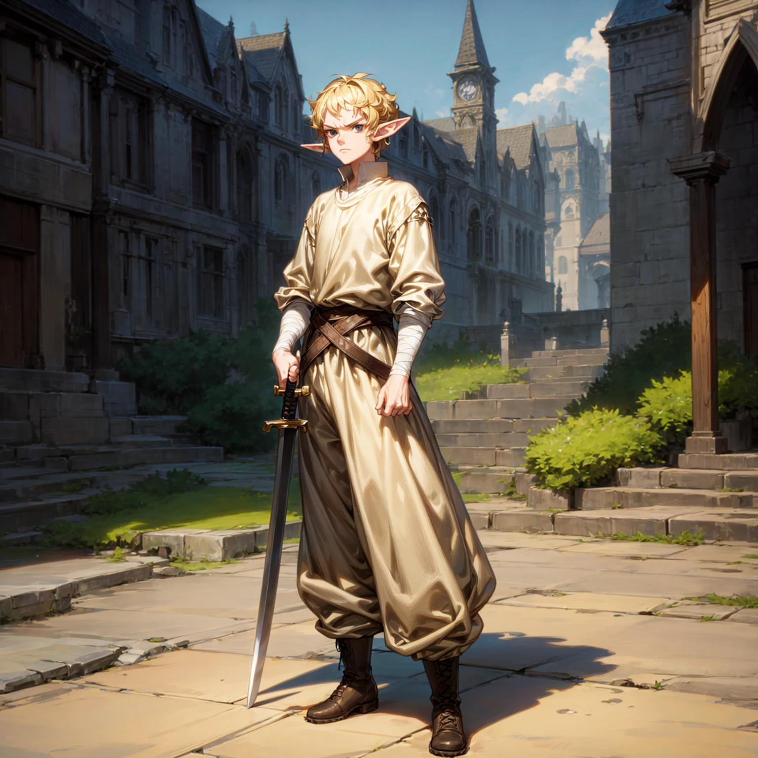 Solo character, full body version, young man, tall height, (elf), black eyes, blonde color hair, Curly haircut, casual clothing, long pants, bandage, boots, outdoor, town, medieval, standing gesture, detailed background, detailed clothing, detailed hair, (one piece style art), sword in hand, angry eyes 