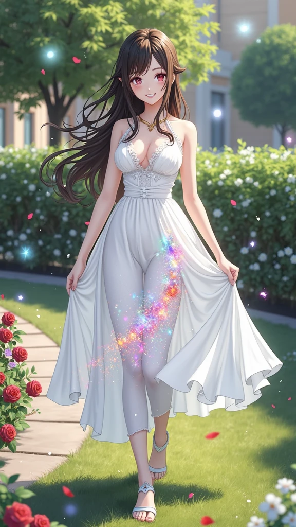 (masterpiece、Highest quality、8k、High resolution)、(One female、Beautiful Face、Beautiful eyes、Beautiful lips、Beautiful nose)、smile、The white upper teeth are faintly visible、Brown-black hair、(The best girl in anime)、garden、blue sky、Colorful flowers are blooming、Vibrant colors、Red roses are beautiful、(Body、whole bodyから神秘的な光の粒子、Colorful light particles、A mysterious light glowing around the head)、melt、jewelry、necklace、dress、(whole body)、Highly detailed anime art、A complete portrayal、