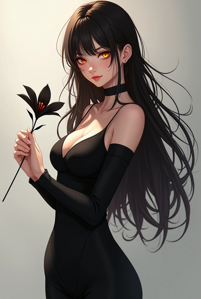 anime style, adult woman, with the right eye red and the left eye yellow, narrow eyes, long hair and straight dark brown bangs, black elegant clothes.
She has an elegant pose and is holding a black lily flower..
Whole body.