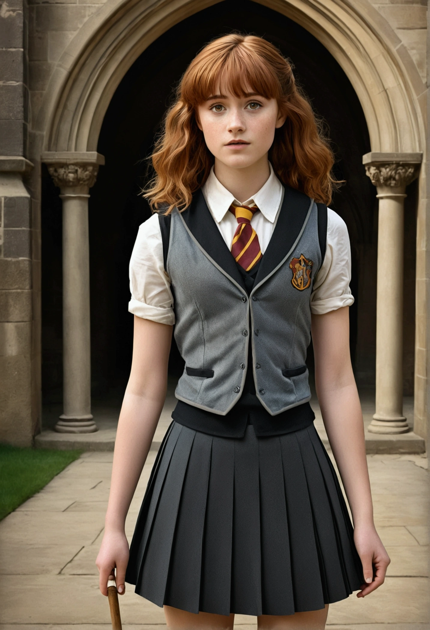 An illustrated movie poster, hand-drawn, full color, a female Hogwarts student, wearing a charcoal vest and a pleated skirt, tall, toned, amazonian stature, athletic hourglass figure, auburn hair, thick shaggy bangs, flushed sun-kissed complexion, freckles, standing in a Hogwarts Courtyard, graphite shading, stencil marks, airbrushed acrylic paint, masterpiece, in the Deathly Hallows 