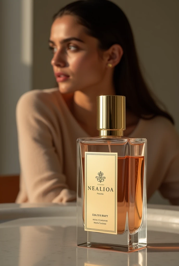 Rectangular perfume bottle with logo Neal's Perfumes and cylindrical golden cap. Alia bhatt in background.