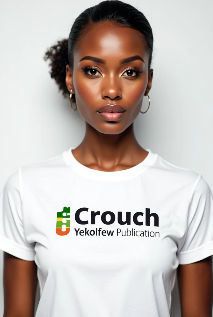 A beautiful Ethiopian woman wearing a large CROUCH YEKOLFEW Publication logo on a white t-shirt.   Just below the logo is my phone number 0 9 2 2 0 8 6 1 0 5