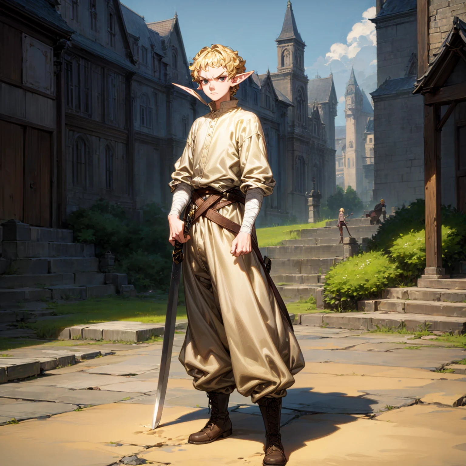 Solo character, full body version, young man, tall height, (elf), black eyes, blonde color hair, Curly haircut, casual clothing, long pants, bandage, boots, outdoor, town, medieval, standing gesture, detailed background, detailed clothing, detailed hair, (one piece style art), sword in hand, angry eyes