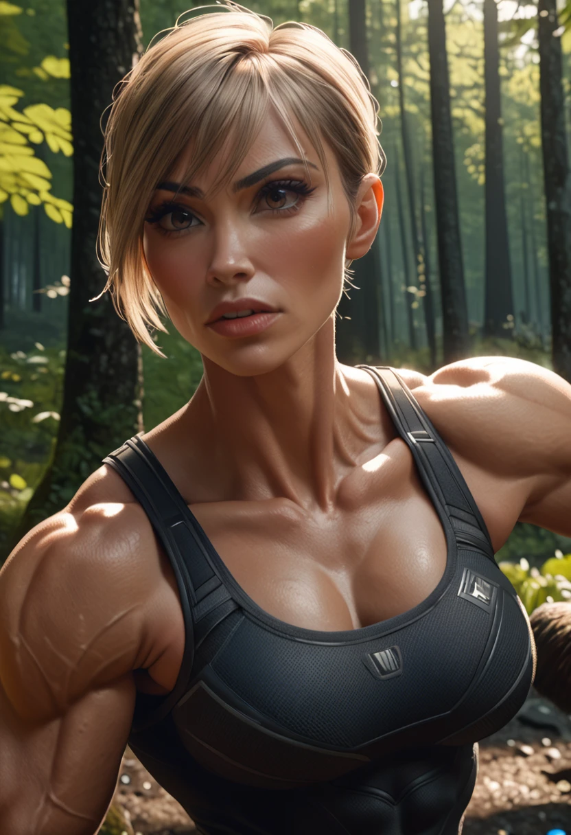 a muscular woman with skinny veiny biceps, detailed muscles, beautiful facial features, long eyelashes, full lips, strong jawline, athletic body, sexy pose, action, outdoor forest environment, dramatic lighting, cinematic, photorealistic, highly detailed, 8k, best quality, masterpiece