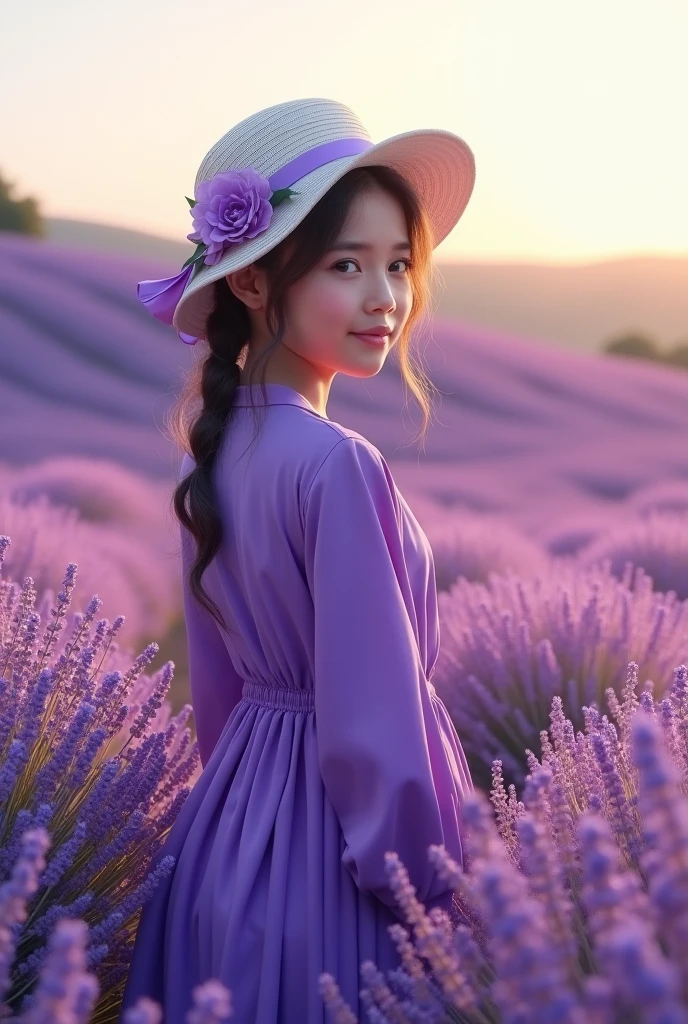 A muslim girl wears purple clothes and white hat with lavender she turns back at a beautiful lavender field 