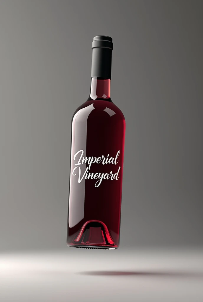 create a realistic and detailed image of a wine bottle with the written label "imperial vineyard" the bottle floating on a gray background