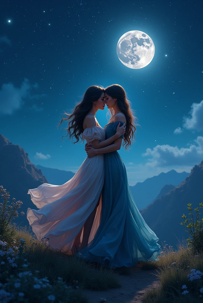 (Starry sky), on top of a hill, two women kissing