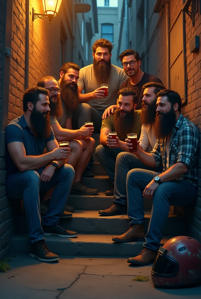 Make me an animated image of 7 male friends sitting on stairs drinking beers in an alley with a motorcycle helmet on the ground where some of them look drunk and 5 of them have long beards