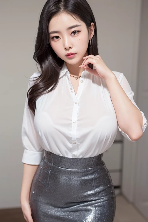 20-year-old, korean girl, strikingly beautiful, black hair, big breasts, delicate facial features, red lips, expressive eyes, brightly smile, eyes hook the soul seduces you, ((best quality,4k,highres,masterpiece:1.2)), super finely detailed hands, ultra finely detailed fingers(((ten fingers))), wearing outfit:((form-fitting blouse, pencil skirt, heels)), (standing professionally), (no logos on background), (no logo), ((plain background)), ((plain background)), (((empty background))), cowboy shot,