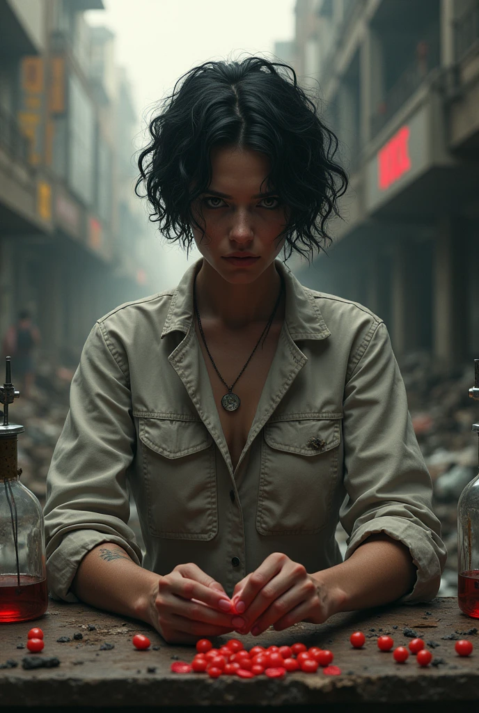 Make me a white woman with short curly black hair, who is a drug manufacturer in an apocalyptic world