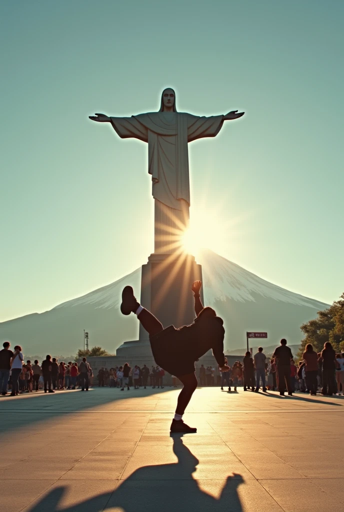 "A breakdancer in a dynamic pose, captured at sunset in an iconic setting that combines the Christ the Redeemer statue and Mount Fuji in the background. The dancer displays powerful and fluid movements, wearing casual and modern clothing that contrasts with the grandeur of the monuments. The soft sunlight illuminates the scene, creating dramatic shadows and a cinematic atmosphere, while the clear blue sky adds depth and serenity to the moment."