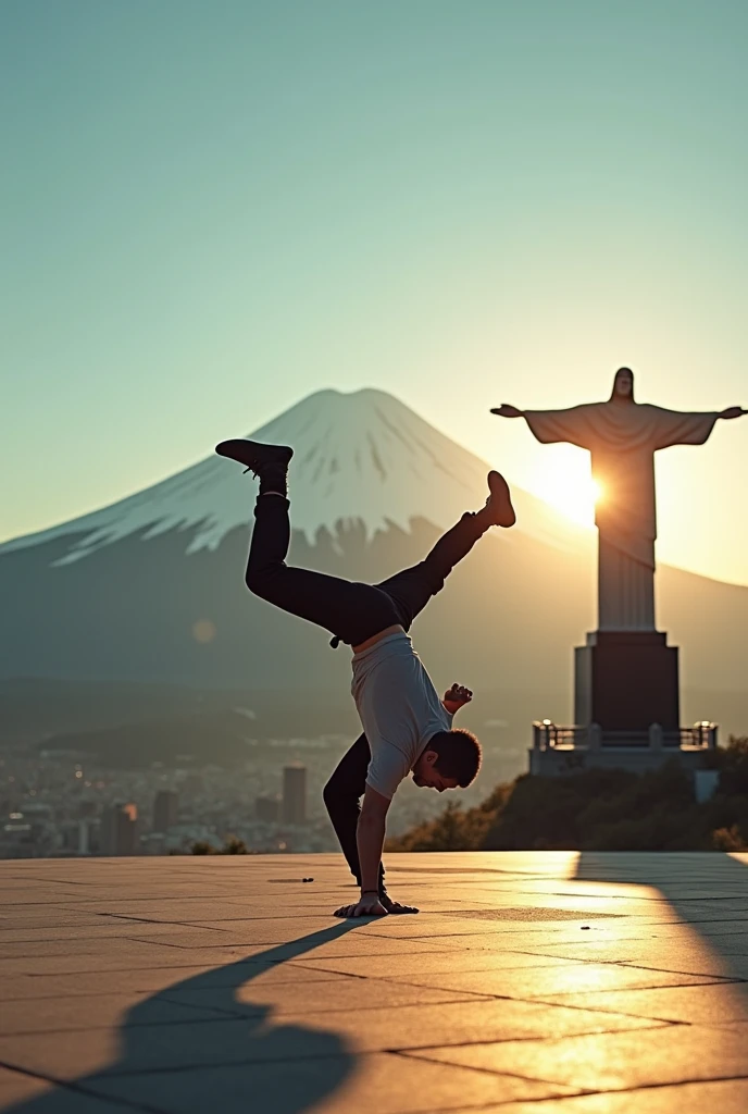 "A breakdancer in a dynamic pose, captured at sunset in an iconic setting that combines the Christ the Redeemer statue and Mount Fuji in the background. The dancer displays powerful and fluid movements, wearing casual and modern clothing that contrasts with the grandeur of the monuments. The soft sunlight illuminates the scene, creating dramatic shadows and a cinematic atmosphere, while the clear blue sky adds depth and serenity to the moment."