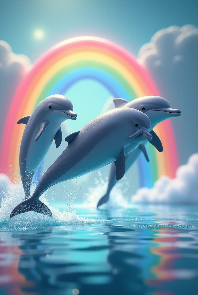 Dolphins jumping with rainbow