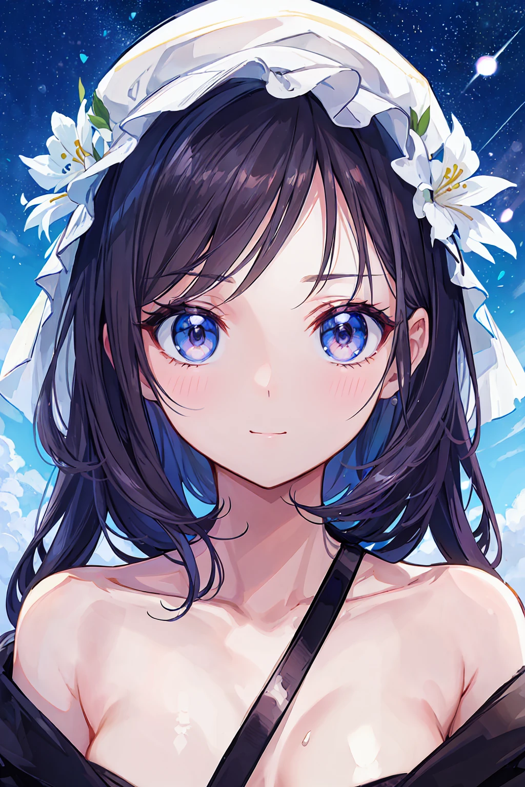 (high quality, Breathtakingly beautiful),(Expressive eyes, Perfect Face) Portraiture, one person's, woman, alone, 成人woman, Mother, Year: Late 20s, Brown Hair, Heterochromia iris - left eye is brown、Light blue right eye, shoulder-length medium hair, White ribbon in hair, White headband in hair, Soft wavy hair, A kind smile, Hair removal, Side bangs, View your audience, Portraiture, Happy expression, Modern Fashion, V-neck short-sleeve blue shirt, Loose fitting blouse, Off-the-shoulder coat, Black jeans, Small Necklace, elegant, mature, Height 5"6, Haruhi Suzumiya style hairstyle,Brown Hair,Shortcuts,Messy Hair,Slender beauty,Small chest,Beautiful feet,