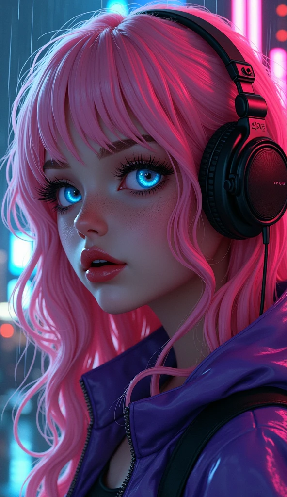 (Close-up of a better masterpiece: 1.5) 0.9], (Synthwave girl: 1.2) (long curled pink hair, wearing headphones: 1.1) (Xanthochromia heterochromia and blue eyes: 1.2) (wearing a purple jacket: 1.0) (thick lips: 1.0) (background a dark and rainy futuristic city: 1.1)