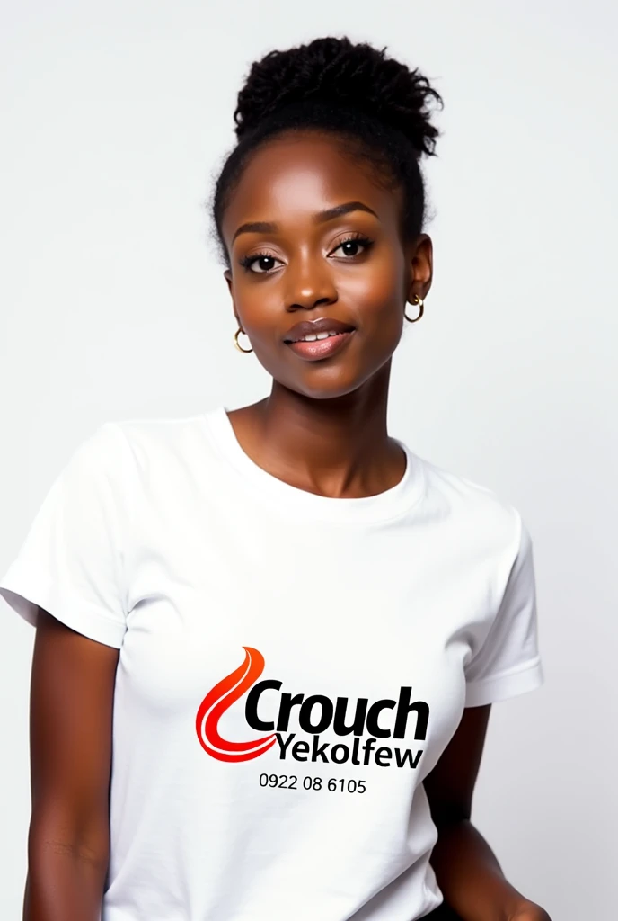 A beautiful Ethiopian woman wearing a large CROUCH YEKOLFEW Publication logo on a white t-shirt.   Just below the logo is my phone number 0 9 2 2 0 8 6 1 0 5