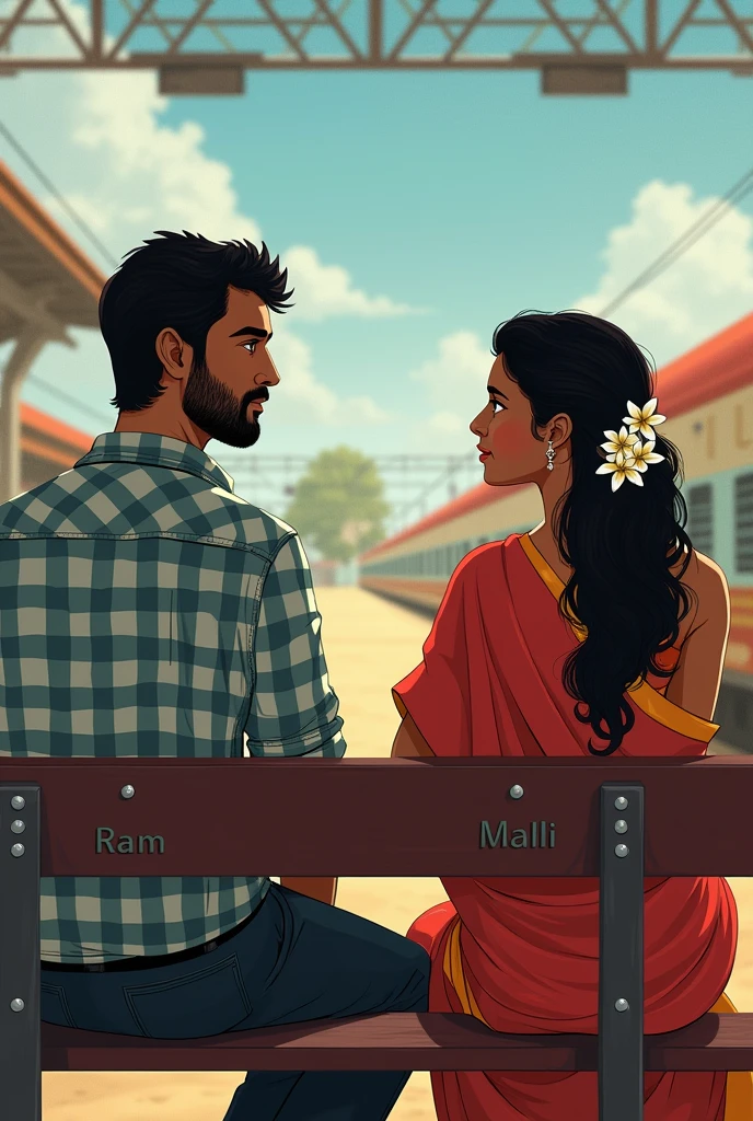 A man of age 30 with some beard wearing a check shirt and pant and a transgender  in saree, jasmine flower on her hair. Both are sitting on bench. The man talking to her something and she hears it carefully.The background is railway platform, a train is going, the station name is gindy. The name ram and malli is written on the bench.