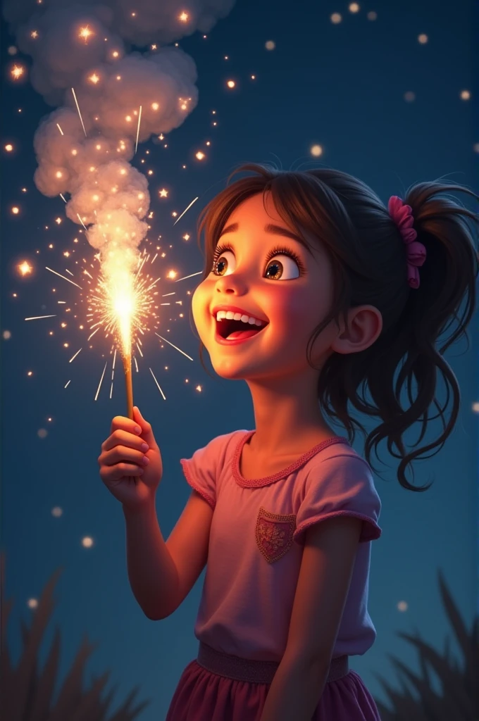 girl with firework in hand , with smile