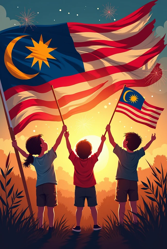 Independence theme poster "malaysia madani jiwa merdeka,atmosphere of war,flag of the glorious path, fireworks,the color of the Malaysian flag,many children wave the Malaysian flag in Kampung halaman 
